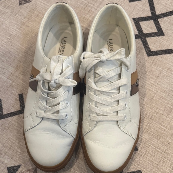 Polo Ralph Lauren Shoes - Polo by Ralph Lauren White Sneakers with Brown and Silver Stripes

Gently used